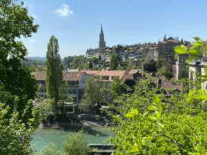 Panoramic view of Bern’s Old Town and the Aare River, highlighting the city’s medieval architecture and scenic landscape — a must-see among the best things to do in Bern.