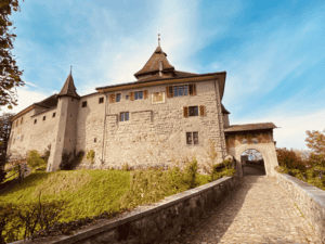 A stunning panoramic view of Kyburg Castle near Zurich showcasing its medieval architecture and picturesque hilltop location