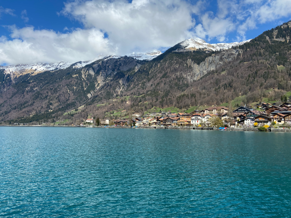 Enjoy a stunning view of the charming village of Brienz from the turquoise blue waters of Lake Brienz