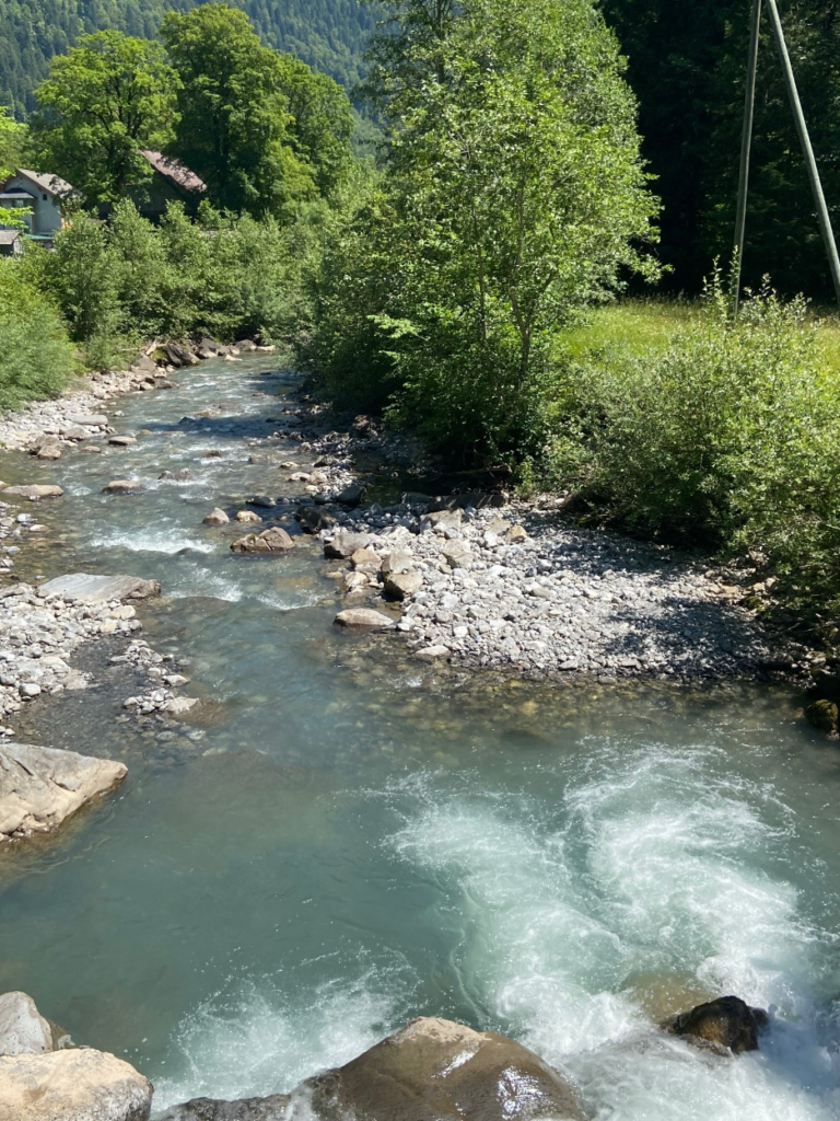 Scenic view of the Klön River, framed by lush green bushes and trees.