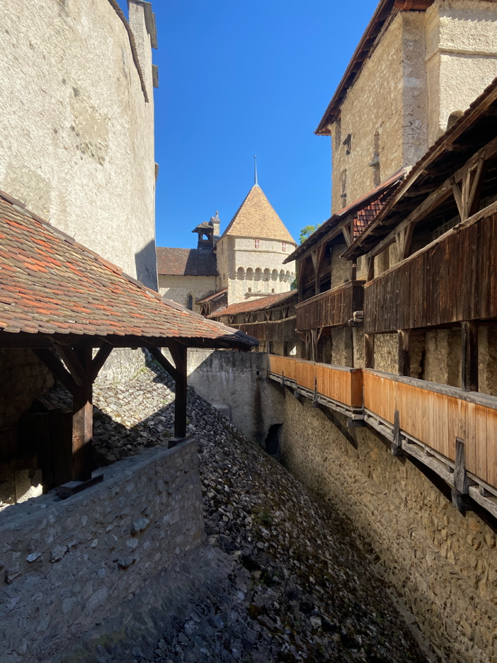 Covered walkways at Chillon Castle.