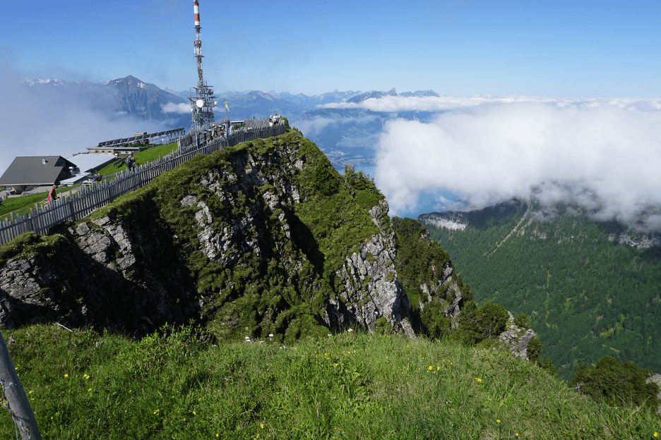 View from the summit of Niederhorn mountain overlooking Lake Thun.