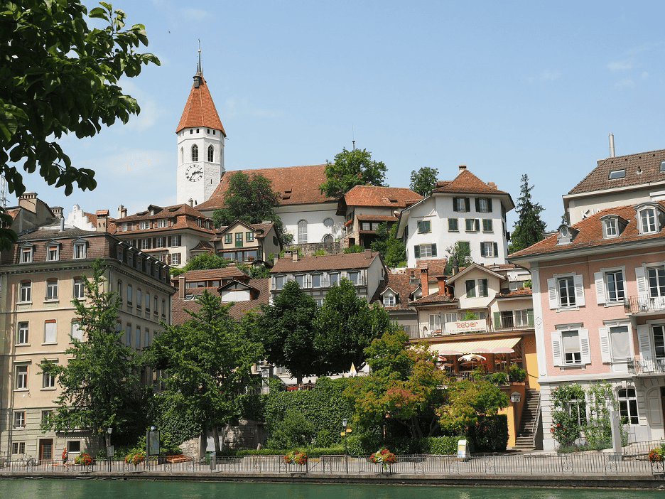The Old Town of Thun along the Aare River.