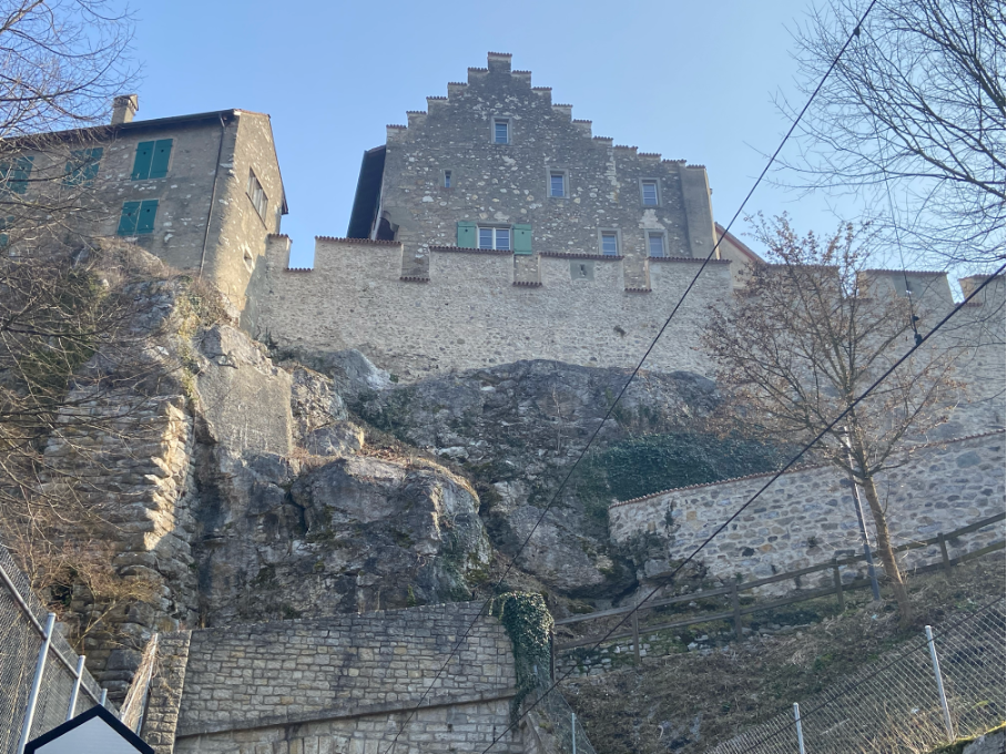 View of Laufen Castle from Laufen Train Station, showcasing the historic landmark perched above the Rhine Falls, easily accessible for visitors.