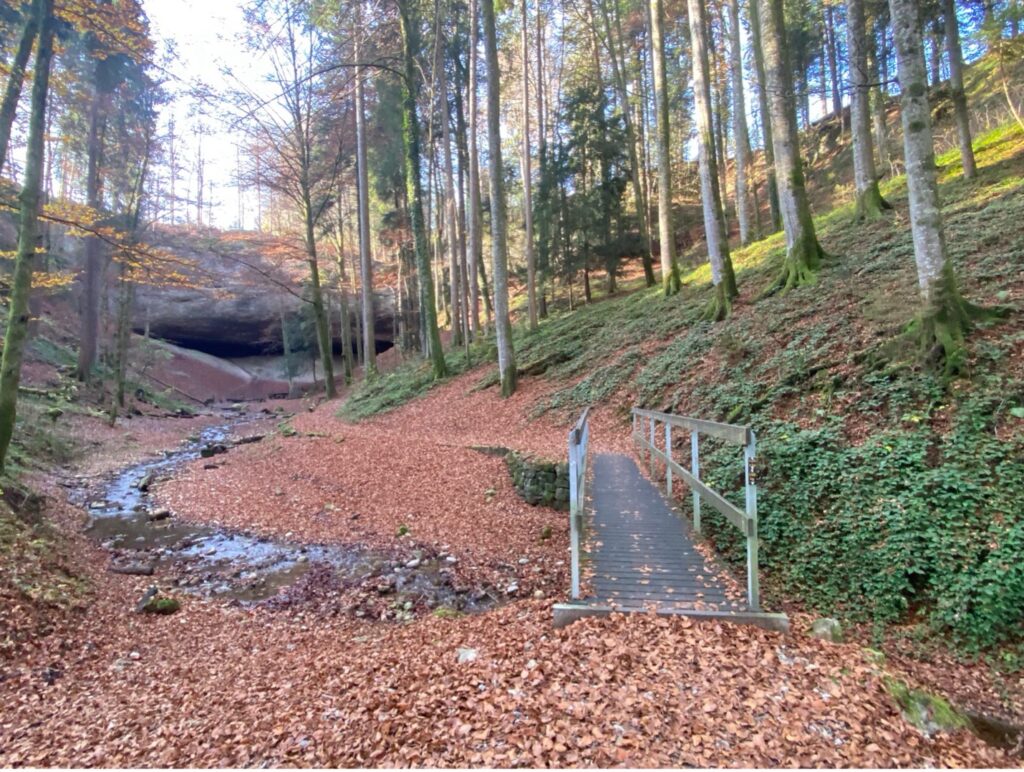A charming wooden bridge leading through a peaceful forest path toward the hidden gem of Wissengubel Cave and Waterfall.