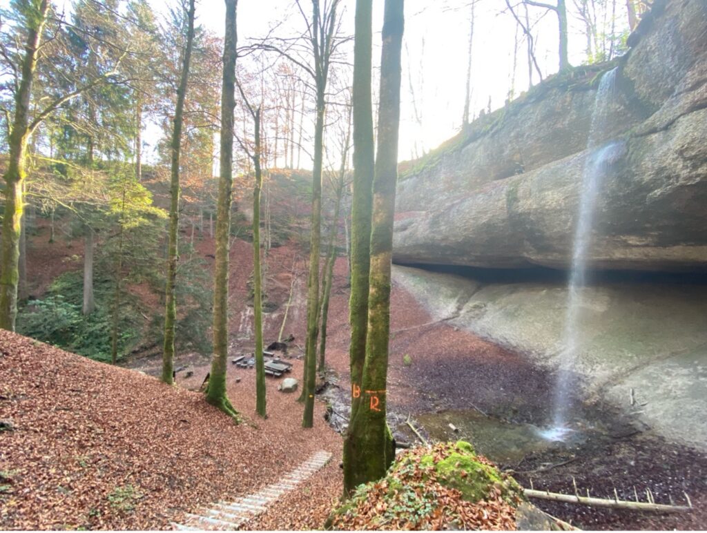 A scenic wooden staircase guiding hikers from Wissengubel Waterfall back onto the main trail leading up to Bachtel Mountain.