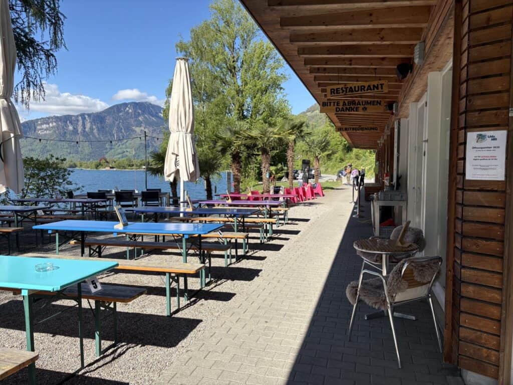 Outdoor terrace at Lago Mio Bistro overlooking Lake Walensee