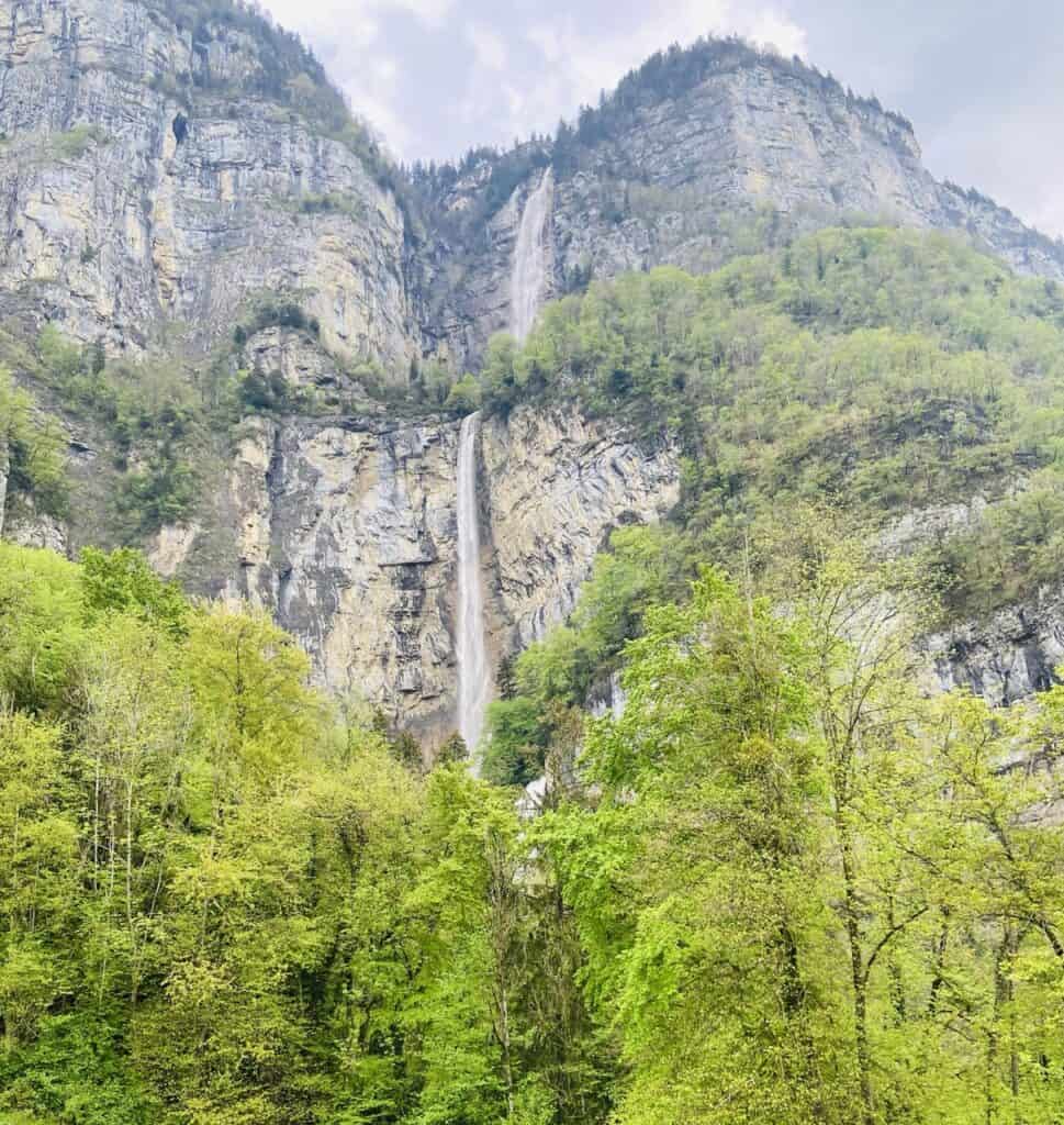 View of Seerenbach Falls from Betlis Chapel near Lake Walensee