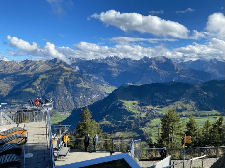 anoramic view from the summit of Mount Stanserhorn in Central Switzerland, showcasing breathtaking alpine peaks stretching across the horizon.