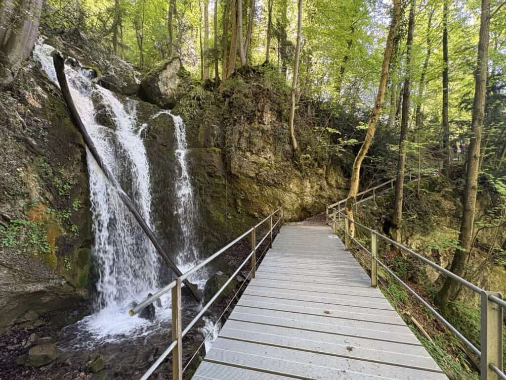 Hiking trail crossing small wooden bridge beside a small waterfall near Seerenbach Falls