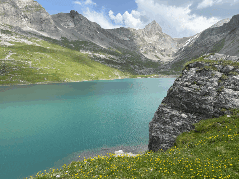 Glattalpsee in Central Switzerland, a hidden gem and peaceful Swiss mountain lake perfect for a day trip from Zurich.