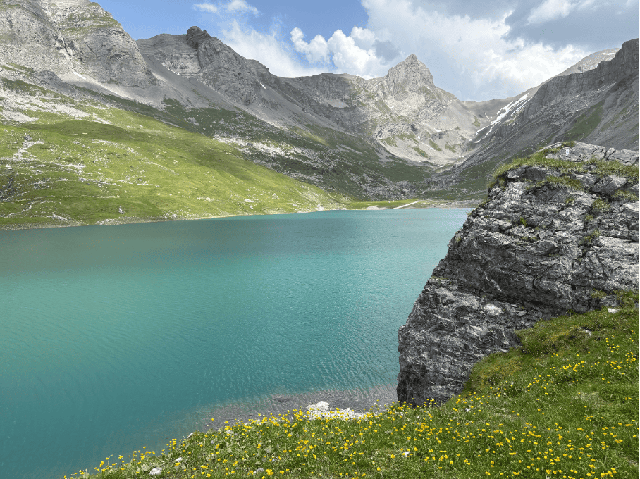 Glattalpsee in Central Switzerland, a hidden gem and peaceful Swiss mountain lake perfect for a day trip from Zurich.