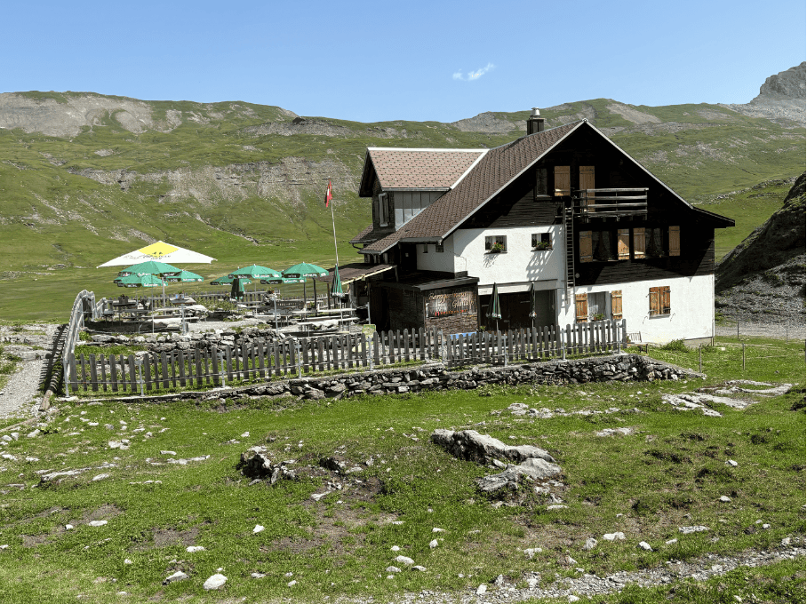 Mountain guesthouse Glattalp with outdoor terrace in the Swiss Alps