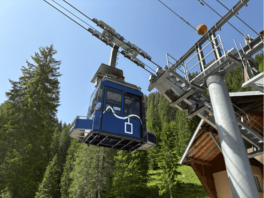 Small blue Glattalp cable car for 8 passengers