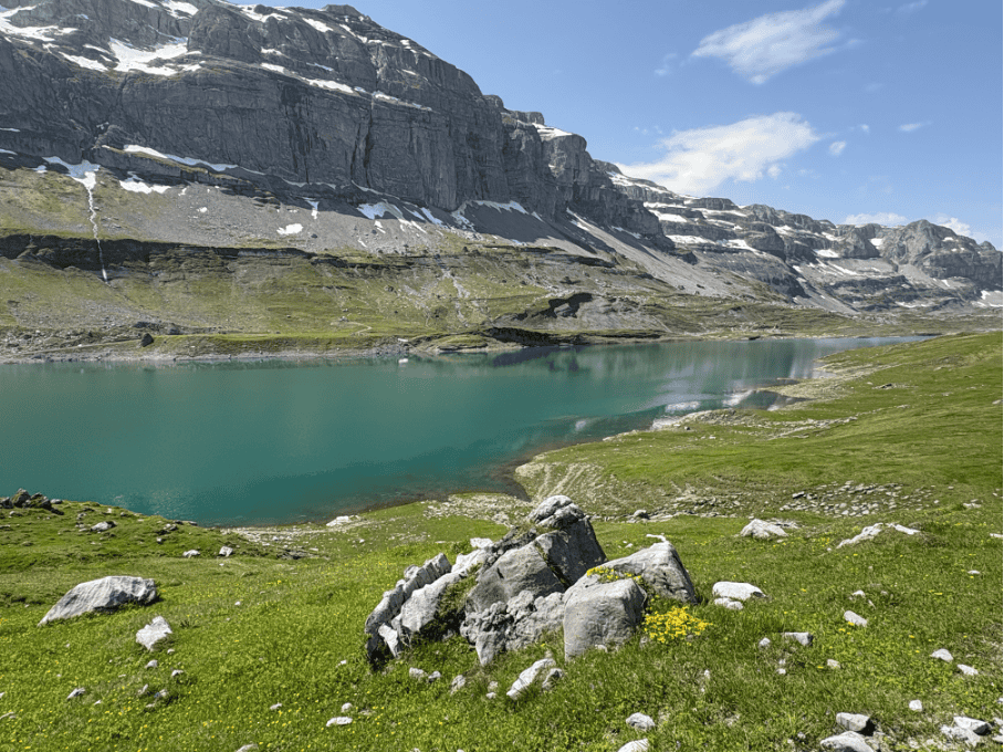 Looking out over Glattalpsee, a secluded Swiss Mountain Lake in Central Switzerland.