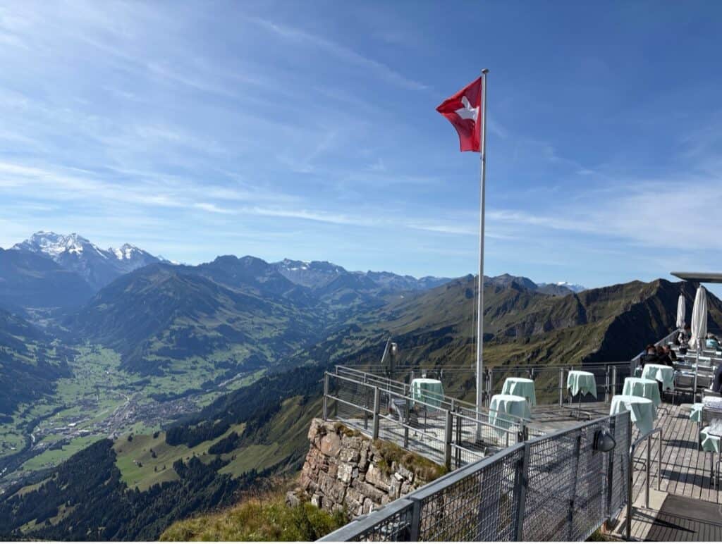 Terrace of Berghaus Niesen Kulm with panoramic views from the summit of Mount Niesen, the Swiss Pyramid
