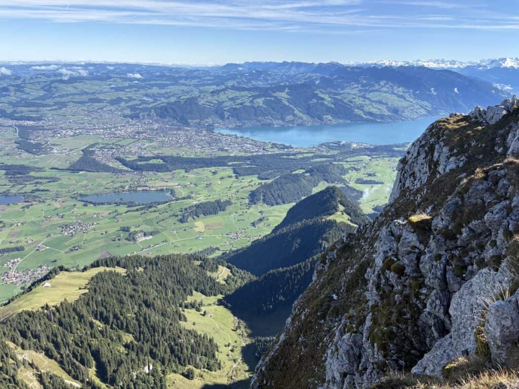 View from the Stockhorn of Amsoldingersee and Thunersee and mountains.