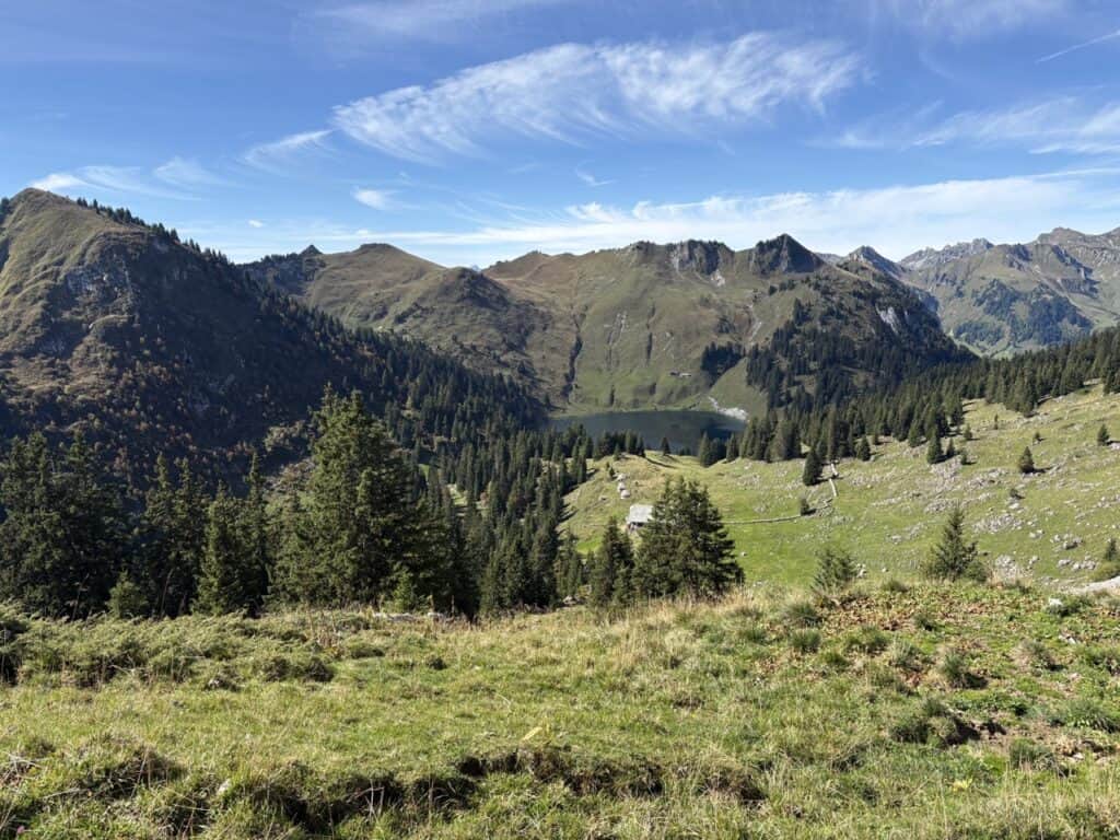 View from Oberstockenalp down to Oberstockensee, a tranquil mountain lake.