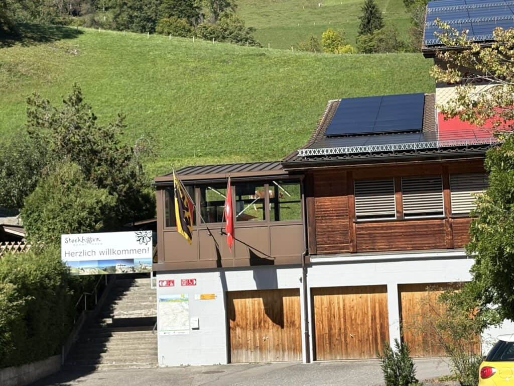 Close-up view of the Stockhorn valley cable car station in Erlenbach in the Simmental Valley.