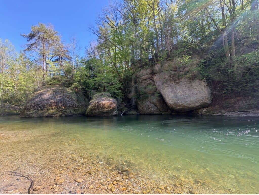 A beautiful spot at the Thur river in the Äulischlucht gorge, a hidden gem in Switzerland.