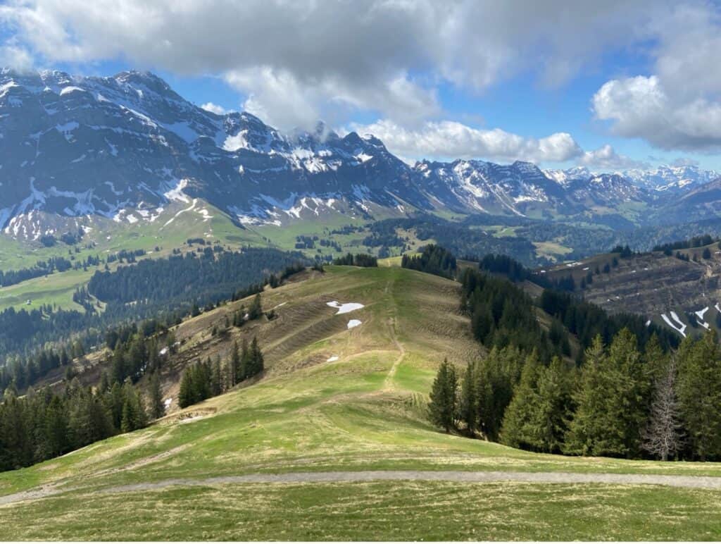 Panoramic view from the Kronberg summit showing the ridge trail with snow-capped Alpine peaks in the distance