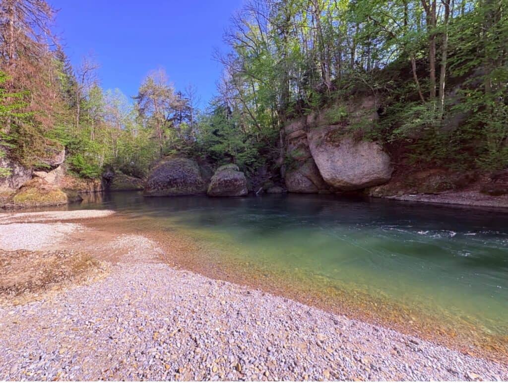 Gravel beach along the River Thur in the Äulischlucht gorge near Lichtensteig in Toggenburg