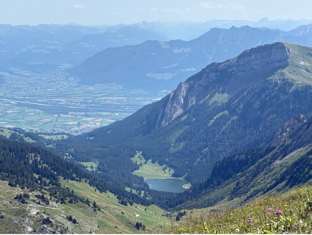 View from Chäserrugg overlooking Voralpsee, a mountain lake in Eastern Switzerland.