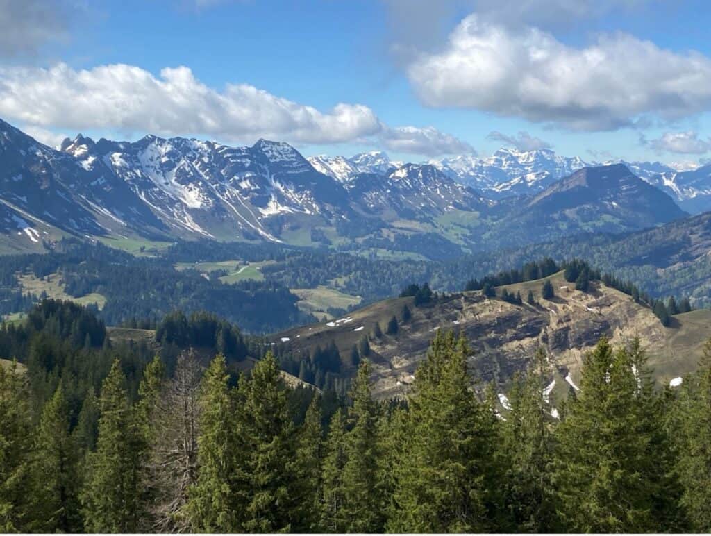 View from the Kronberg summit where the Energy Trail begins, overlooking the Appenzell Alps