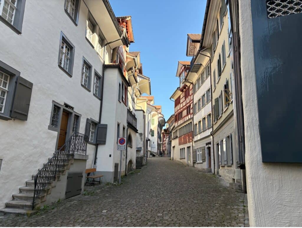 Narrow old town alley in Lichtensteig, one of the most scenic villages in Switzerland.