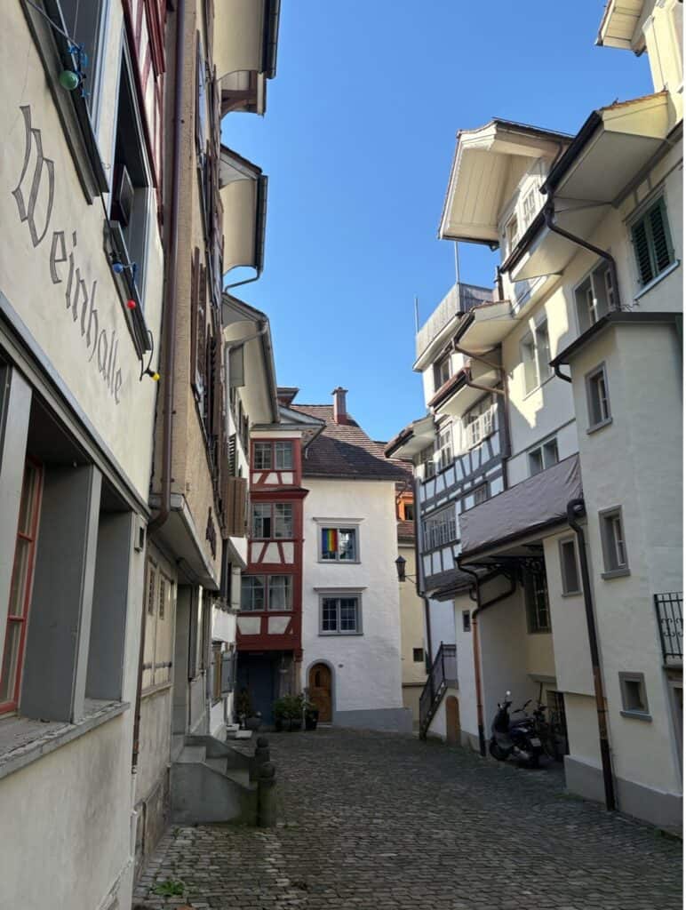 Cobbled alleyway in the historic Old Town of Lichtensteig, one of the most scenic villages in Switzerland