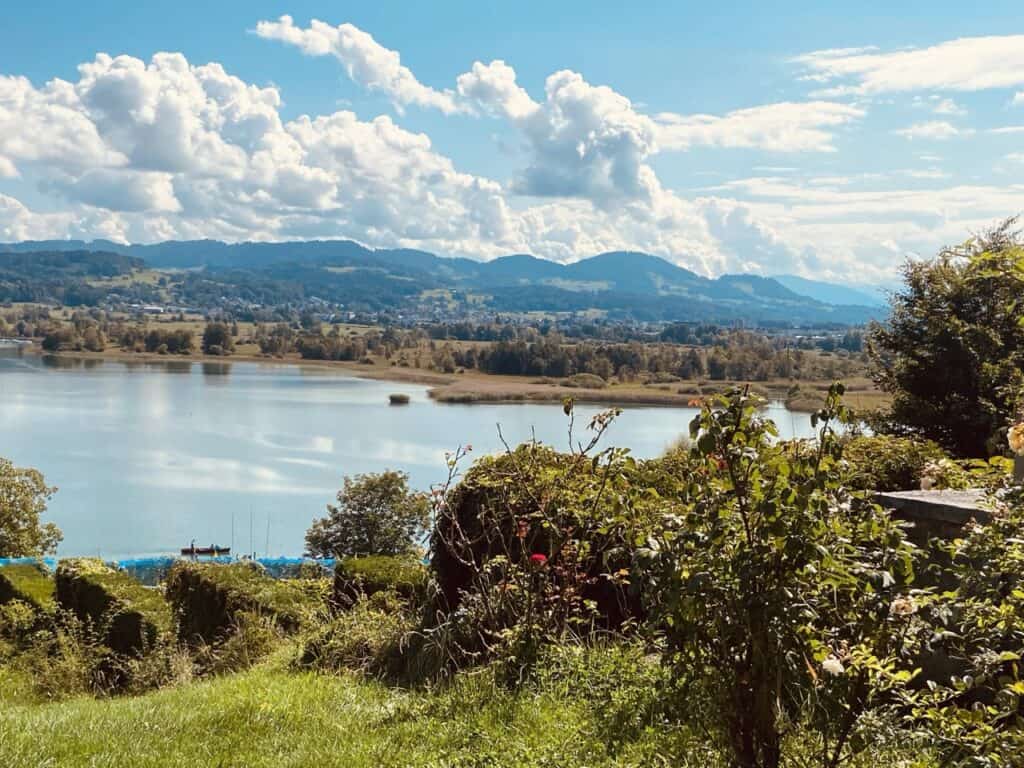 Lake Pfäffikon with its protected wetlands area and the hills of the Zurich highlands in the background.