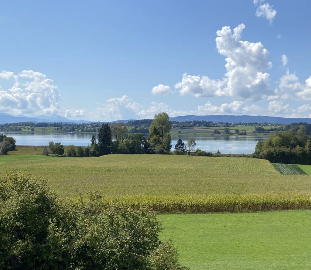 Panoramic view from the Roman fortress in Irgenhausen with Lake Pfäffikon and surrounding farm and wetlands below. 