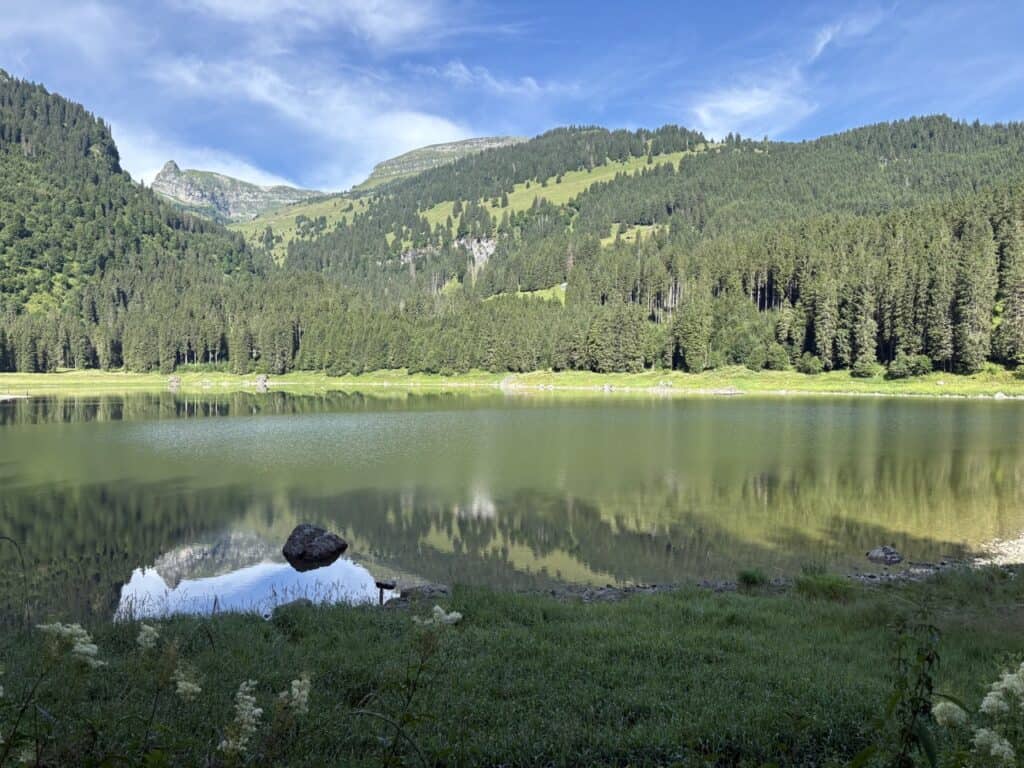 Shore of Voralpsee with mountains reflecting in the crystal-clear water.  
