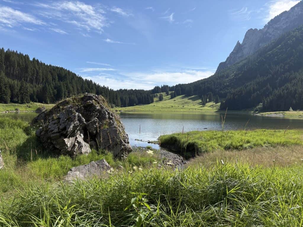 Beautiful Swiss mountain lake set in a serene and untouched natural landscape.