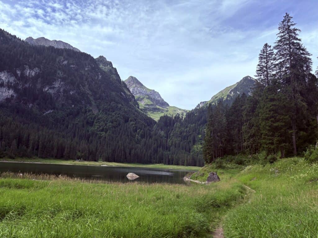 Narrow path leading through an alpine meadow to Voralpsee, a mountain lake in Switzerland.