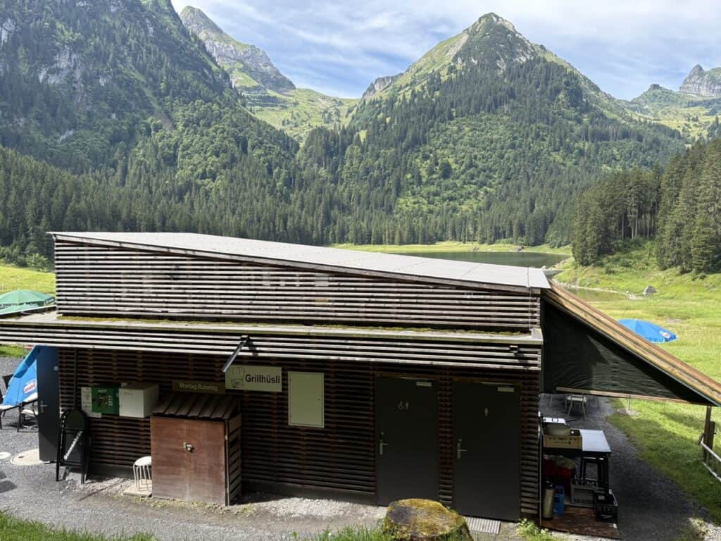 Grillhüsli kiosk at Voralpsee, a popular stop for hikers, fishermen and swimmers.