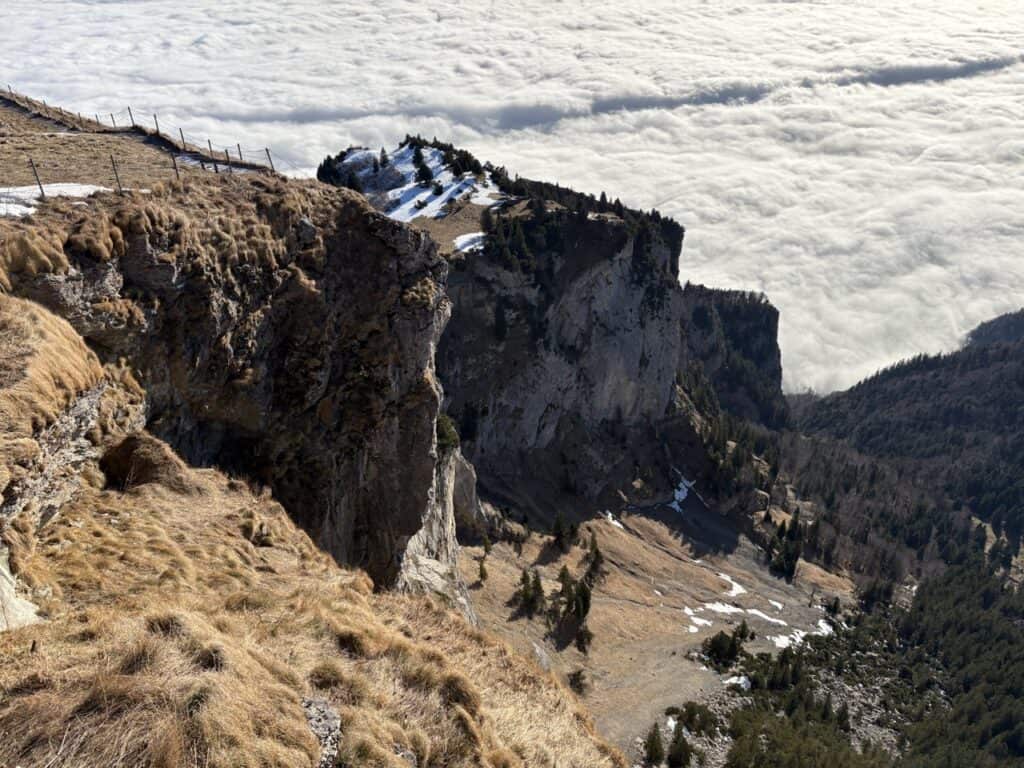 Spectacular view from Hoher Kasten – Top of Appenzell Mountain looking down onto a sea of fog.