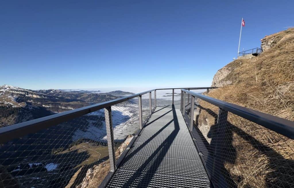 Walking along the Europaweg circular trail on Hoher Kasten, with cliffside paths and panoramic views.
