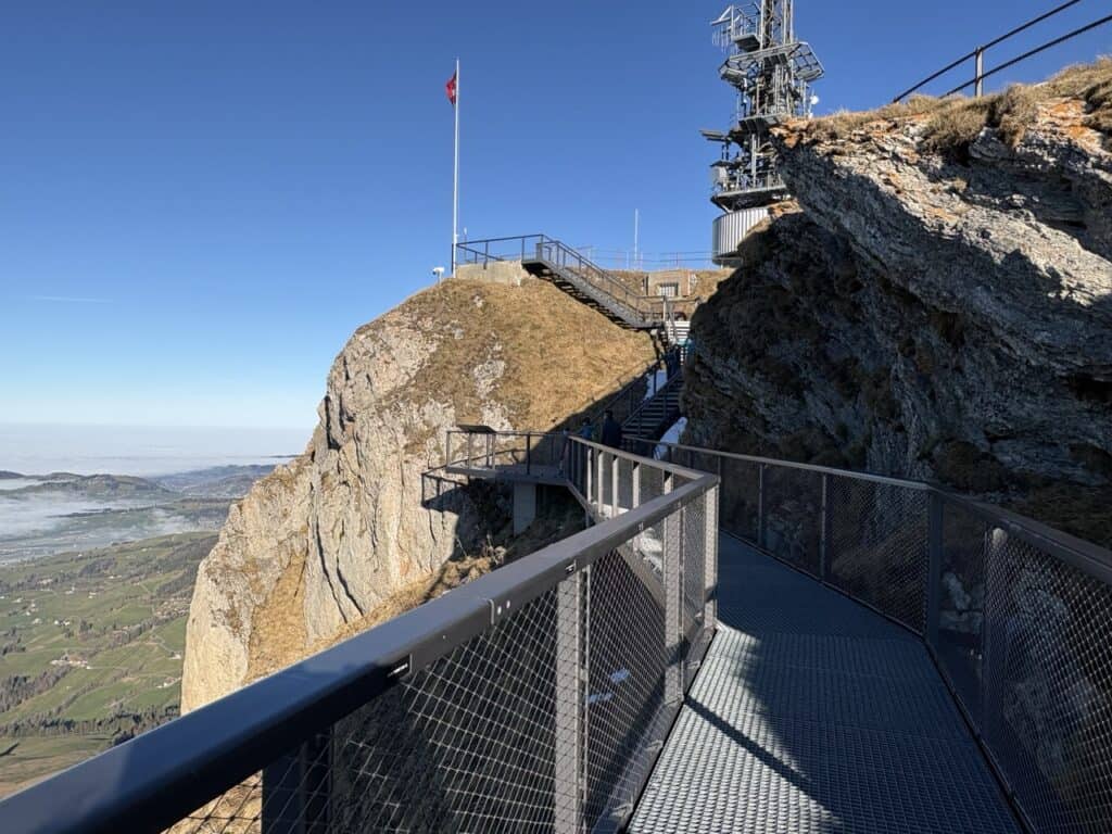 The metal walkway leading along the cliff on Hoher Kasten - Top of Appenzell mountain in Eastern Switzerland.