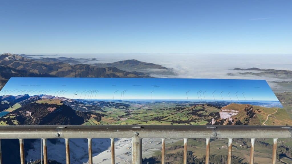 Panorama board on Hoher Kasten – Top of Appenzell, showing named mountain peaks and surrounding landmarks.