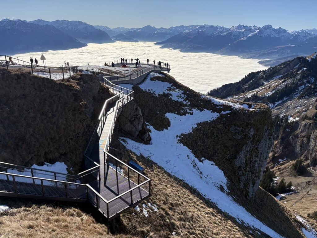 Seating areas and viewing terraces along the Europaweg circular path on Hoher Kasten, Top of Appenzell.