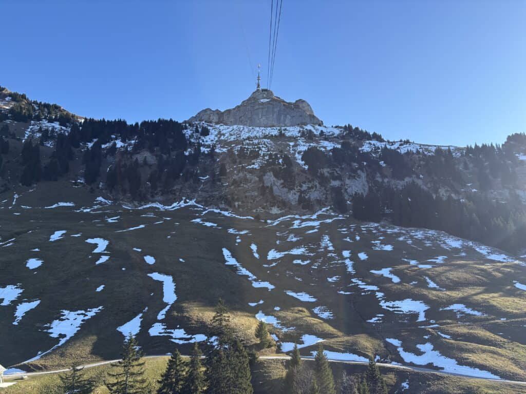 Hoher Kasten – Top of Appenzell mountain in Eastern Switzerland with only a few patches of snow in early winter.