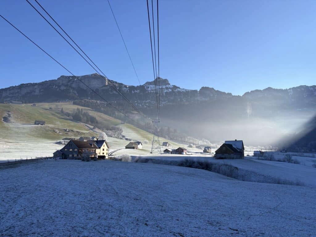 View of Hoher Kasten - Top of Appenzell mountain in Eastern Switzerland on a winter day with little snow.