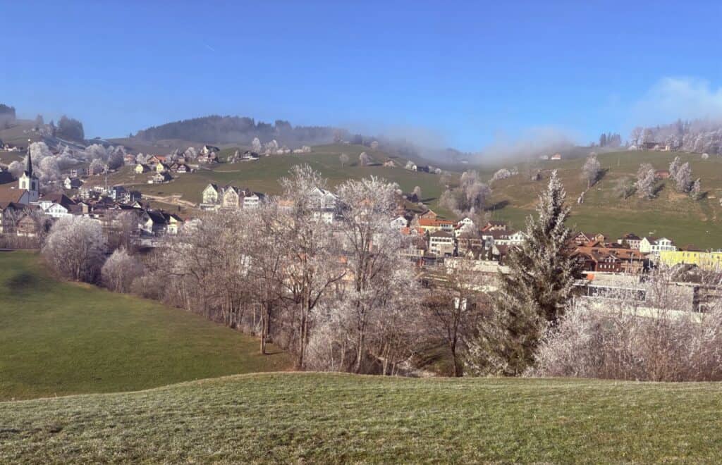 The village of Urnäsch surrounded by rolling hills of Appenzell, with frost-covered trees in winter.