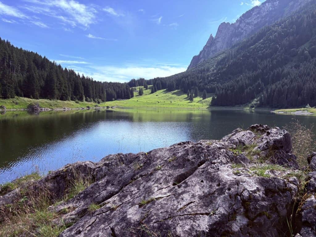 Voralpsee, mountain lake in Switzerland, surrounded by fir forests, alpine meadows, and dramatic mountain scenery