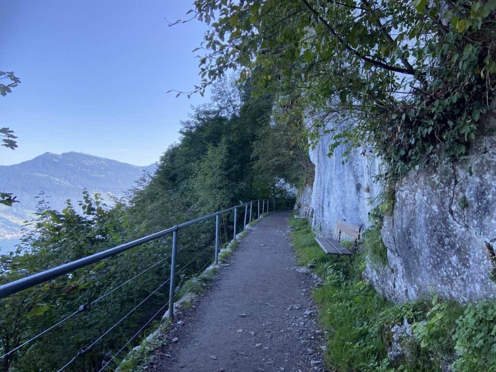 The Felsenweg (Cliff Walk) on Bürgenstock leading from the Bürgenstock Resort to the Hammetschwand Lift station with benches from which to enjoy the amazing view.