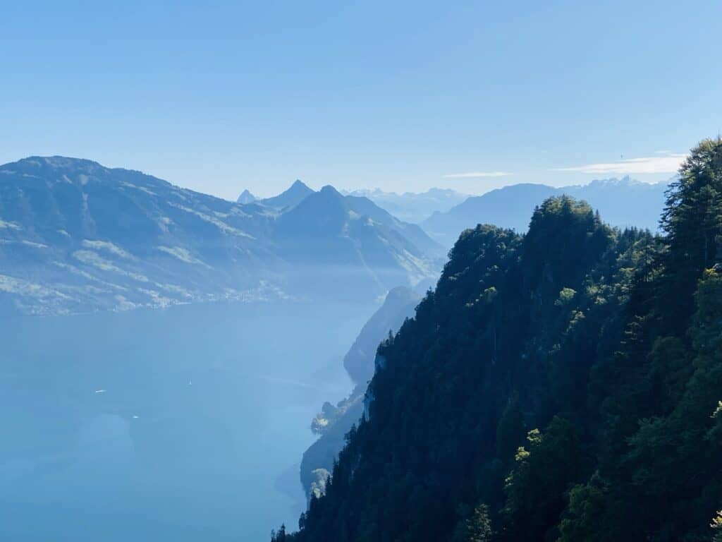 View from Hammetschwand Top overlooking Lake Lucerne with surrounding mountains.