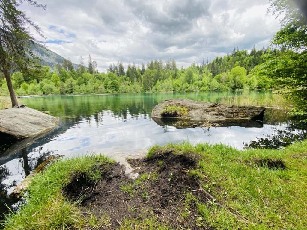 Crestasee mountain lake near Flims in Graubünden, a serene lake hidden in a dense forest.