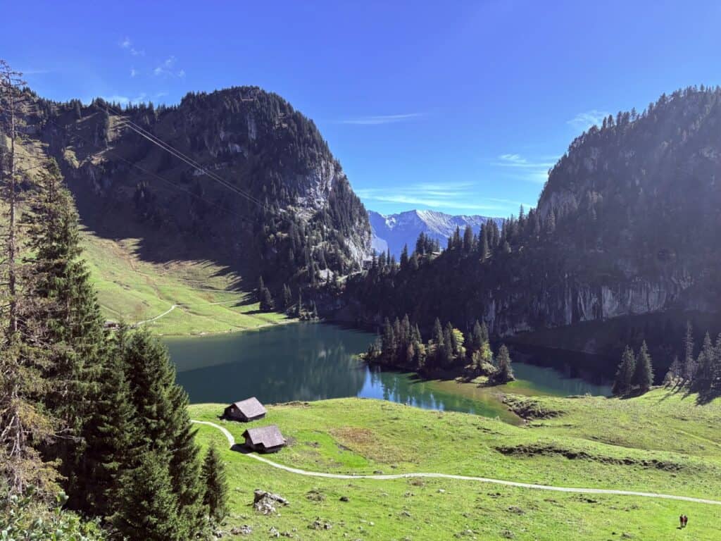 Hinterstockensee in the Bernese Oberland on a clear day, a peaceful mountain lake surrounded by green alpine meadows and forested hills.