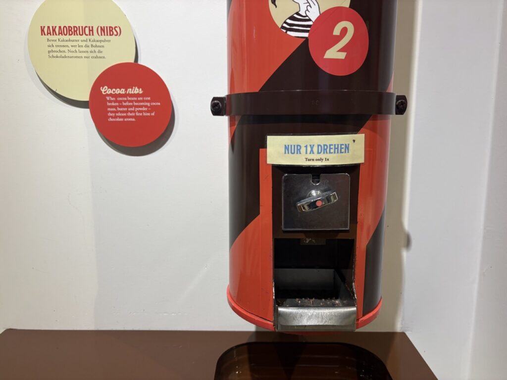 Cocoa nibs tasting station at the Maestrani Chocolarium museum in Switzerland. 